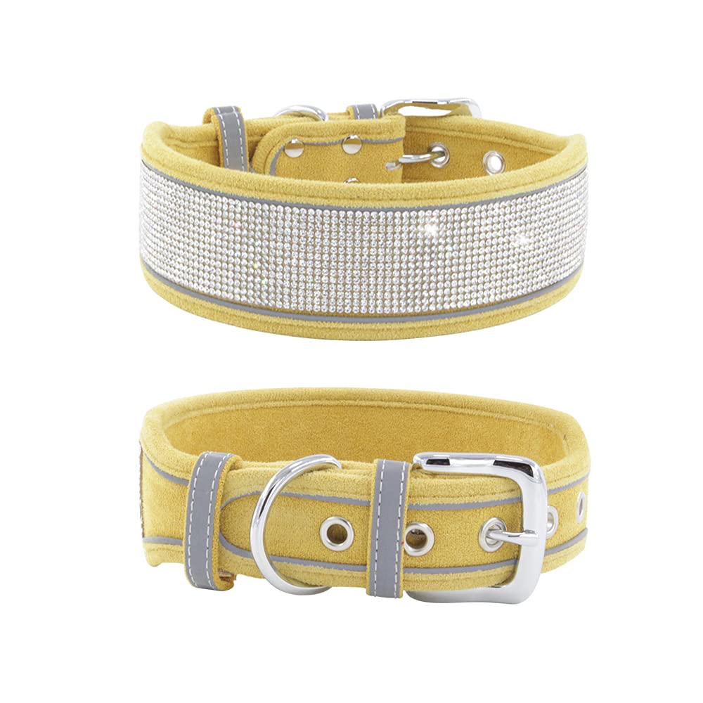 Yellow Rhinestone Dog Collar – Adjustable Suede with Reflective Edging for Medium to Large Dogs