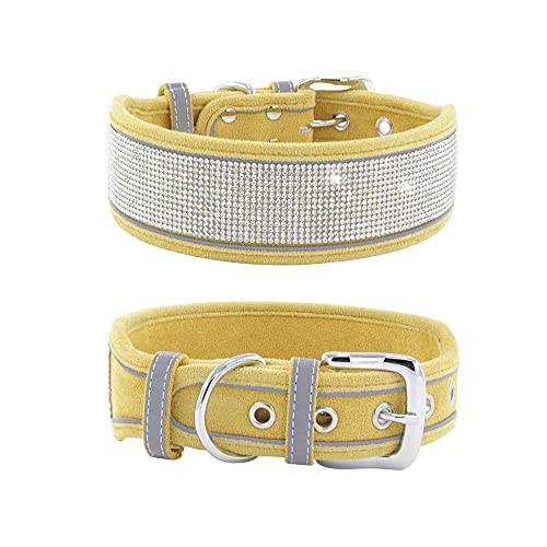 Yellow Rhinestone Dog Collar – Adjustable Suede with Reflective Edging for Medium to Large Dogs