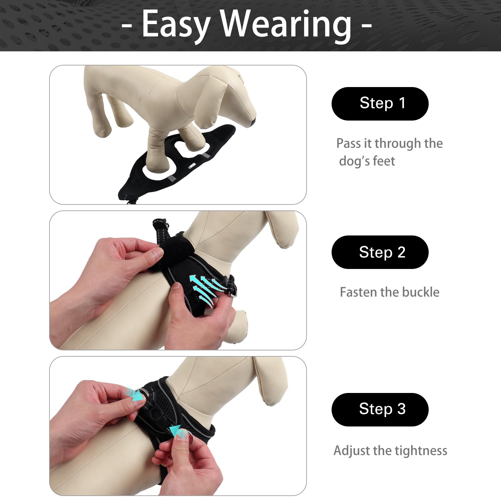 YIMEIS Dog Harness and Leash Set for Small Dogs - Reflective Honeycomb Grid, Adjustable, Size M, Black