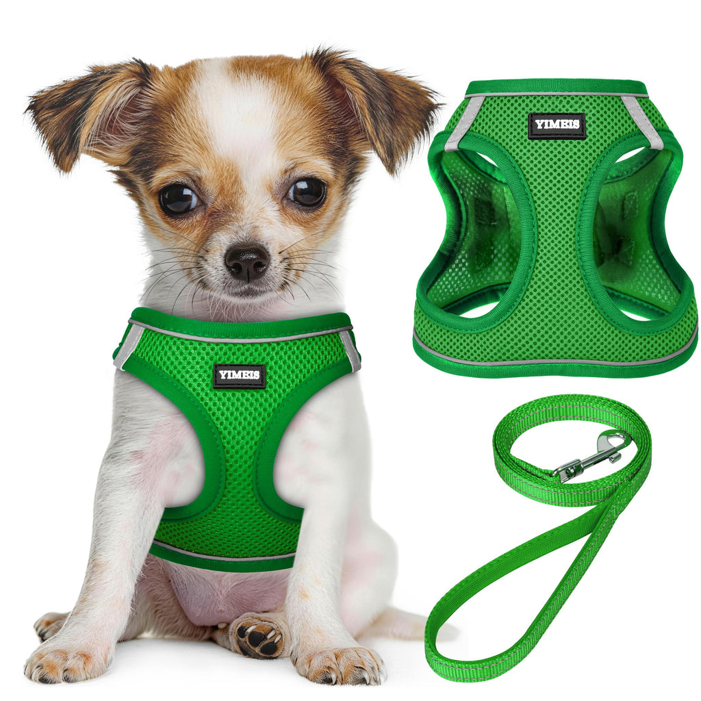 YIMEIS Green Small Dog Harness and Leash Set - Breathable No-Pull Mesh Vest with Reflective Strips