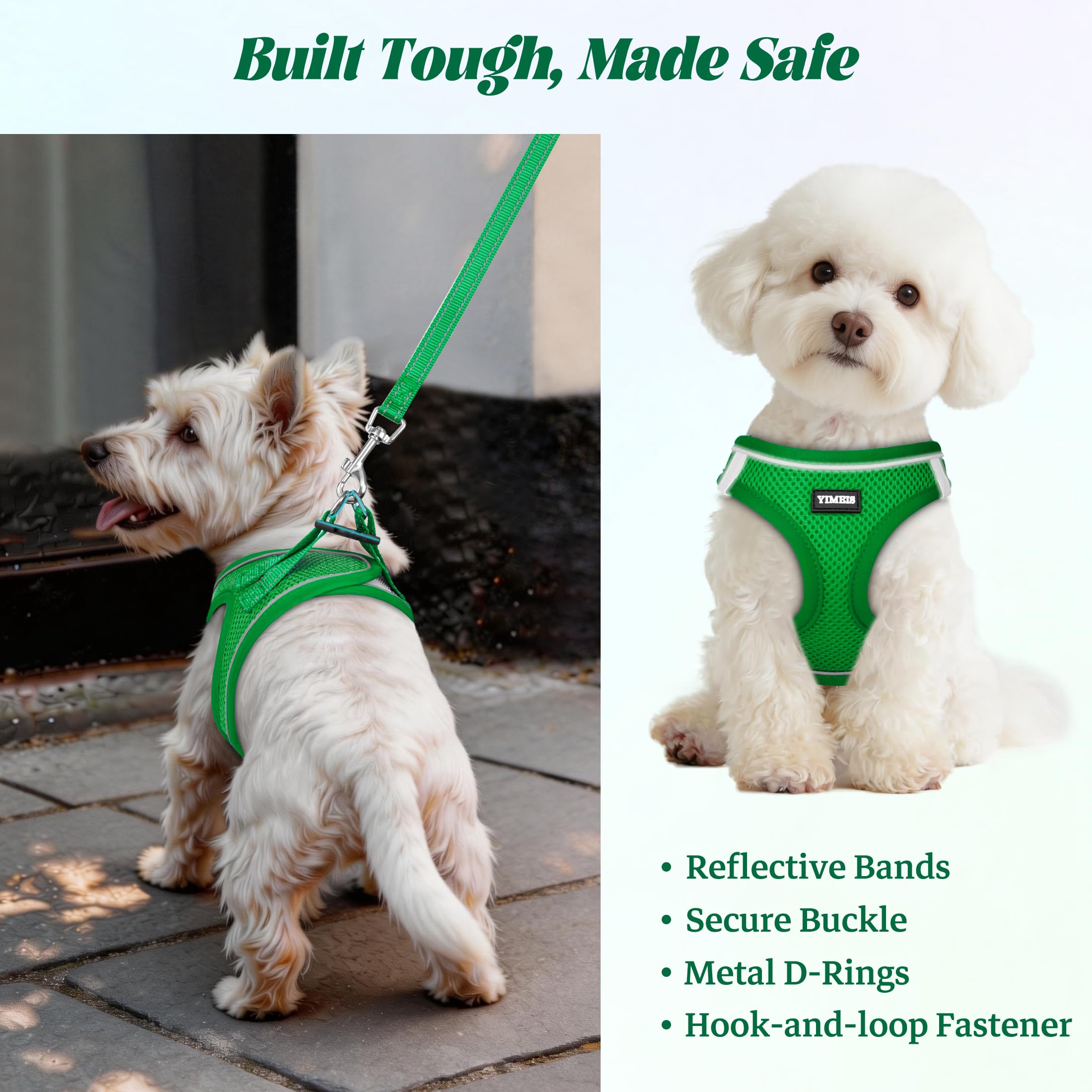 YIMEIS Green Small Dog Harness and Leash Set - Breathable No-Pull Mesh Vest with Reflective Strips
