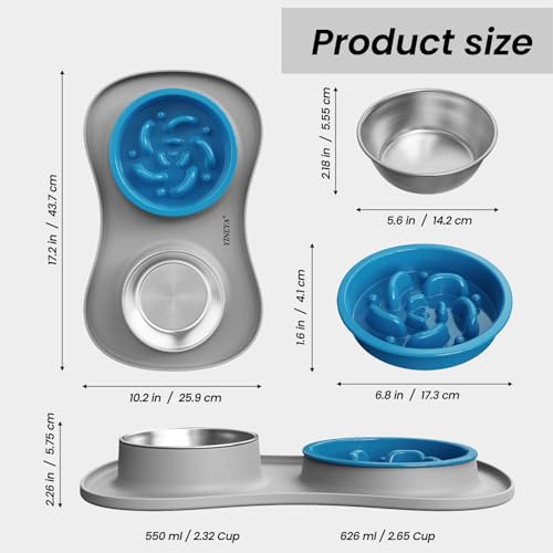 YINEYA 3-in-1 Slow Feeder Dog Bowl Set – Stainless Steel Bowls with Silicone Mat for Small to Medium Dogs