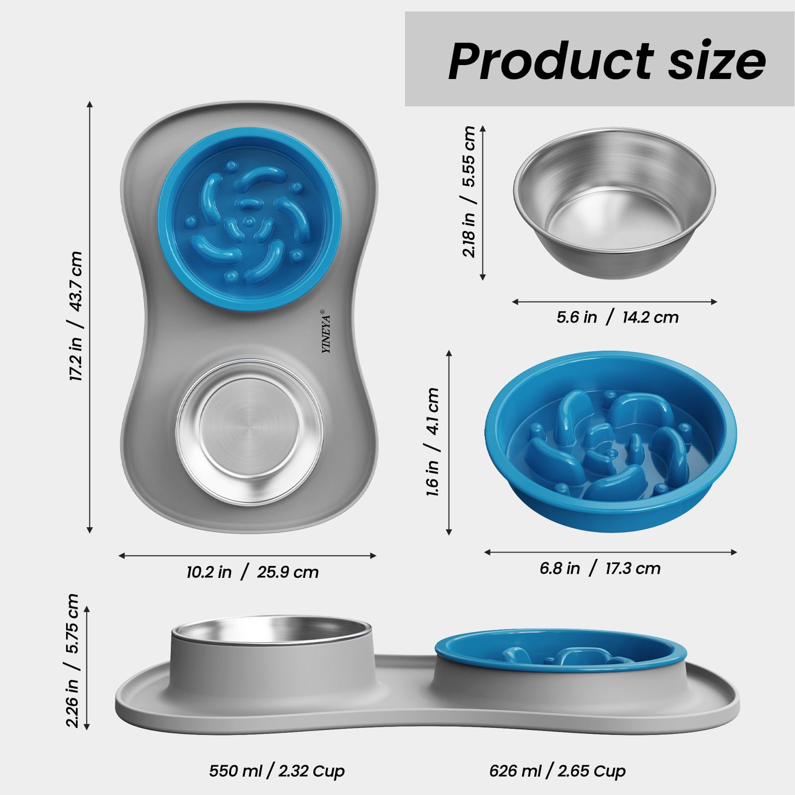 YINEYA 3-in-1 Slow Feeder Dog Bowl Set – Stainless Steel Bowls with Silicone Mat for Small to Medium Dogs