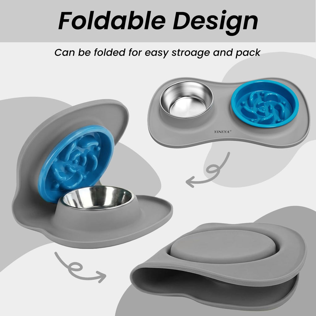 YINEYA 3-in-1 Slow Feeder Dog Bowl Set – Stainless Steel Bowls with Silicone Mat for Small to Medium Dogs