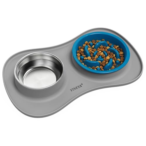 YINEYA 3-in-1 Slow Feeder Dog Bowl Set – Stainless Steel Bowls with Silicone Mat for Small to Medium Dogs