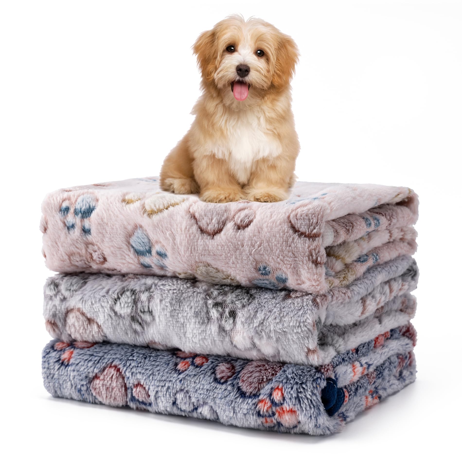 Yintrest 3-Pack Large Flannel Pet Blankets 41x31" Soft Throw for Dogs Cats - Beige Grey Navy