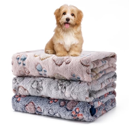 Yintrest 3-Pack Large Flannel Pet Blankets 41x31" Soft Throw for Dogs Cats - Beige Grey Navy