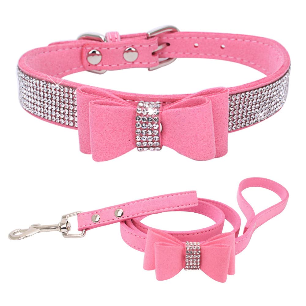 YOUALSO Pink Rhinestone Dog Collar and Leash Set with Bow Tie – Bling Crystal Collar for Small Dogs and Cats, XSmall