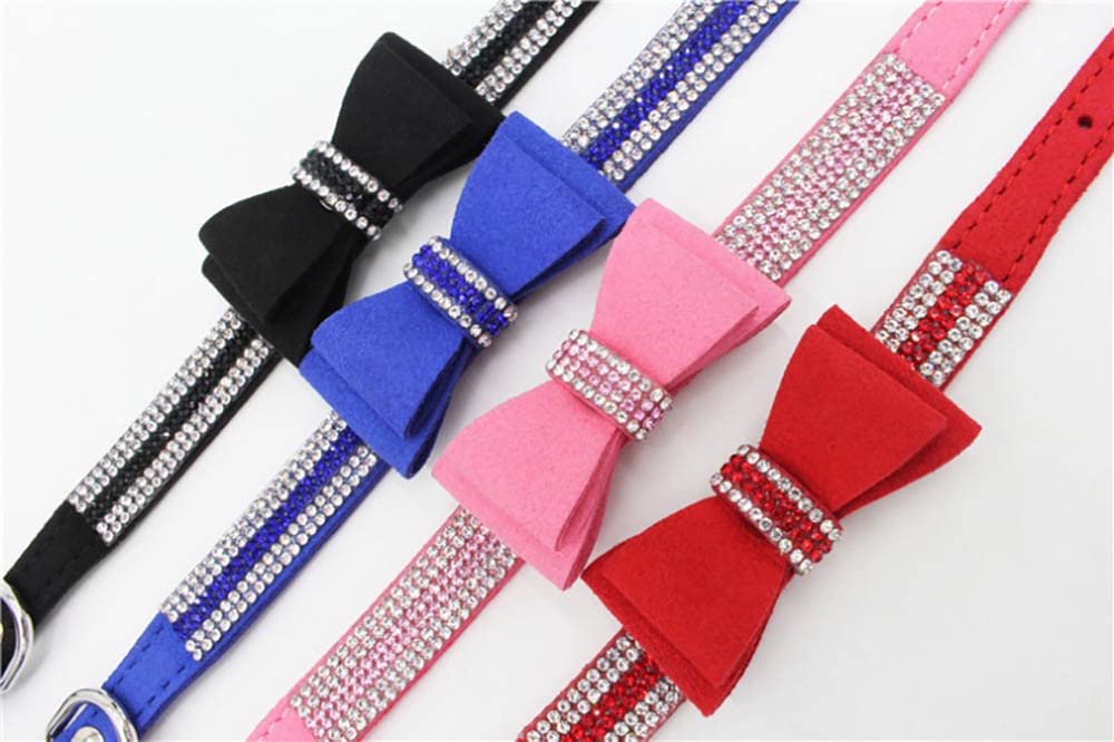 YOUALSO Pink Rhinestone Dog Collar and Leash Set with Bow Tie – Bling Crystal Collar for Small Dogs and Cats, XSmall