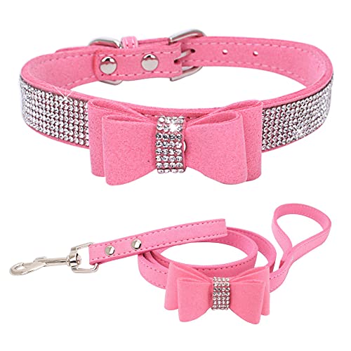 YOUALSO Pink Rhinestone Dog Collar and Leash Set with Bow Tie – Bling Crystal Collar for Small Dogs and Cats, XSmall