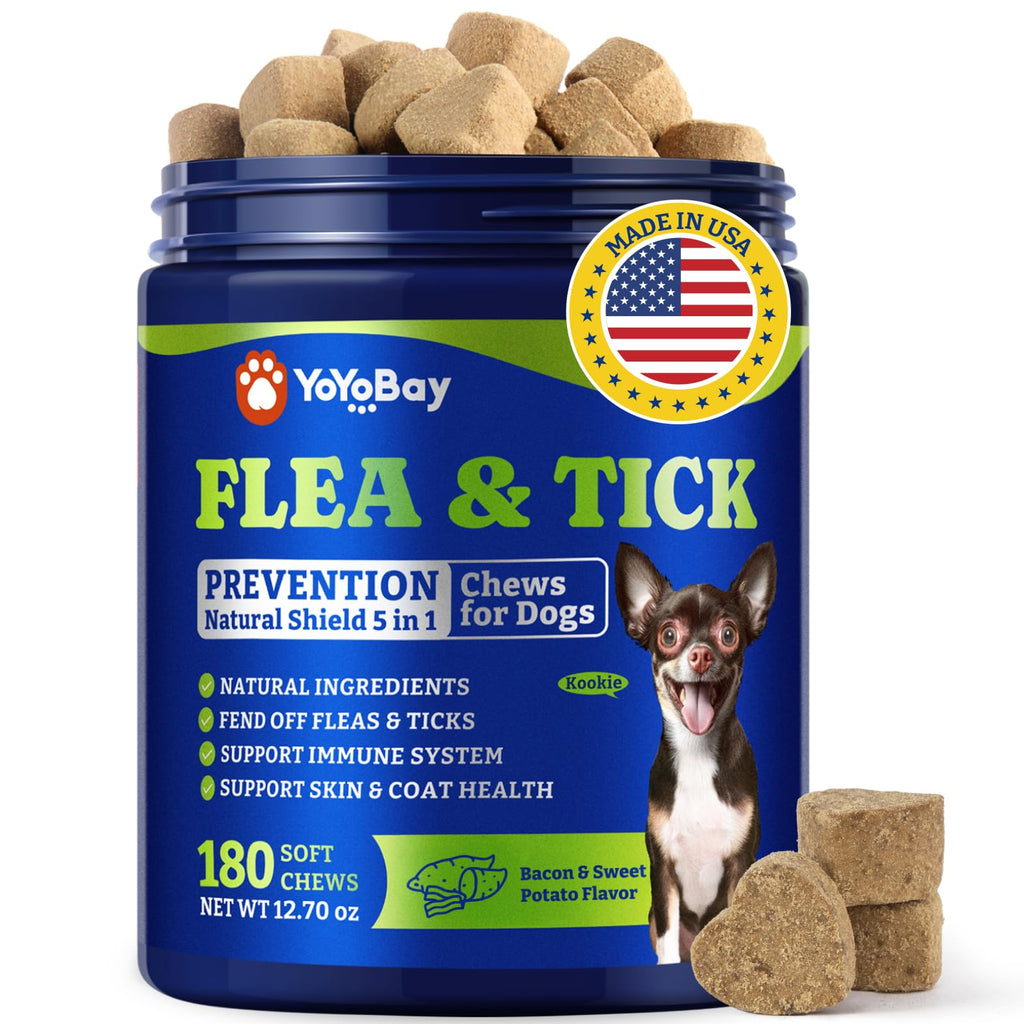 YoYoBay Natural Flea & Tick Prevention Chewables for Dogs – Bacon & Sweet Potato Flavor, 180 Soft Chews