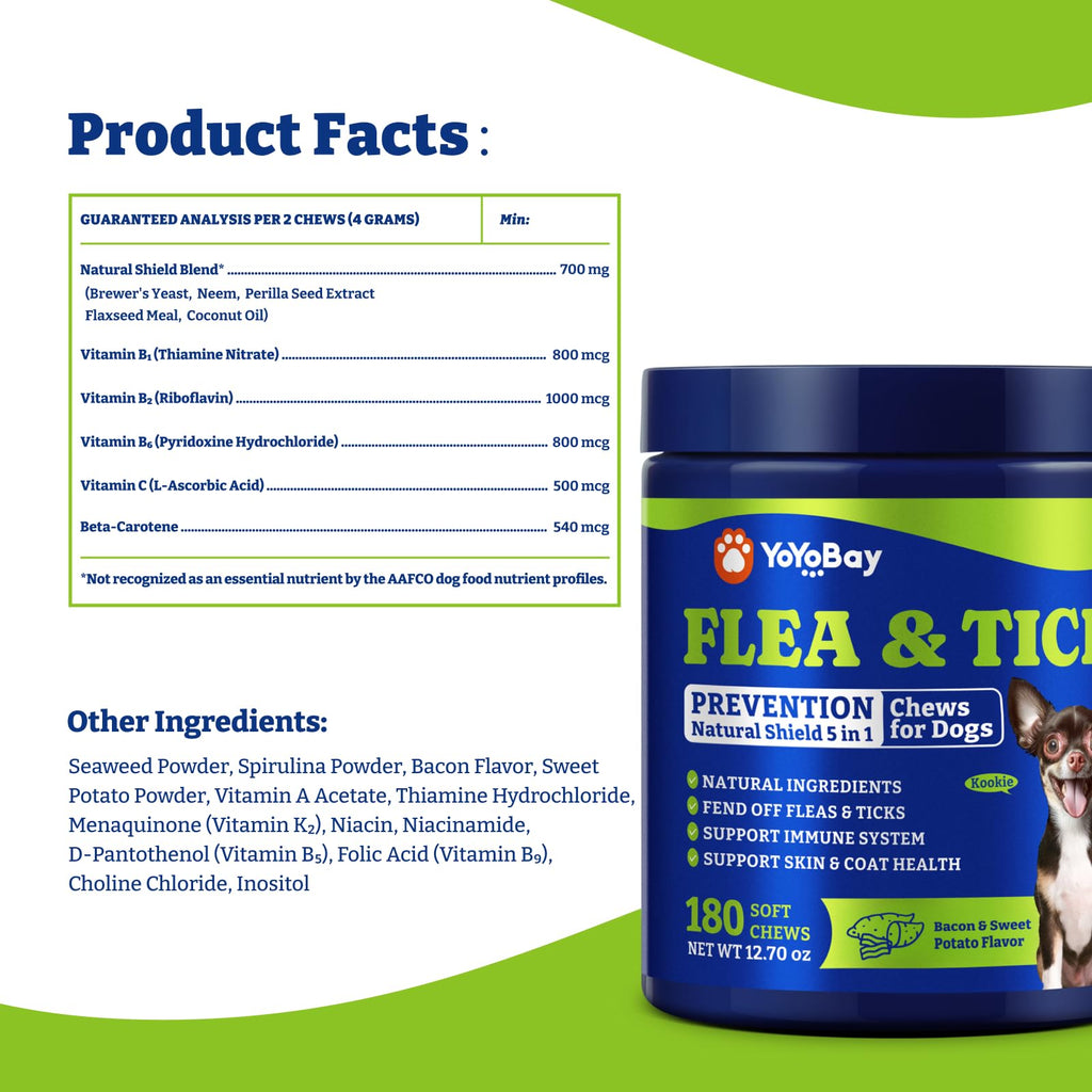 YoYoBay Natural Flea & Tick Prevention Chewables for Dogs – Bacon & Sweet Potato Flavor, 180 Soft Chews