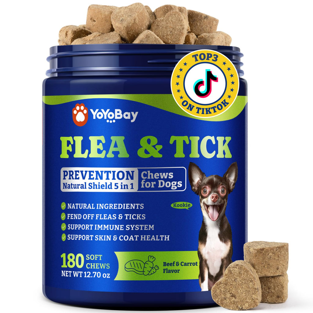 YoYoBay Natural Shield 5-in-1 Flea & Tick Chewables for Dogs – 180 Beef & Carrot Soft Chews