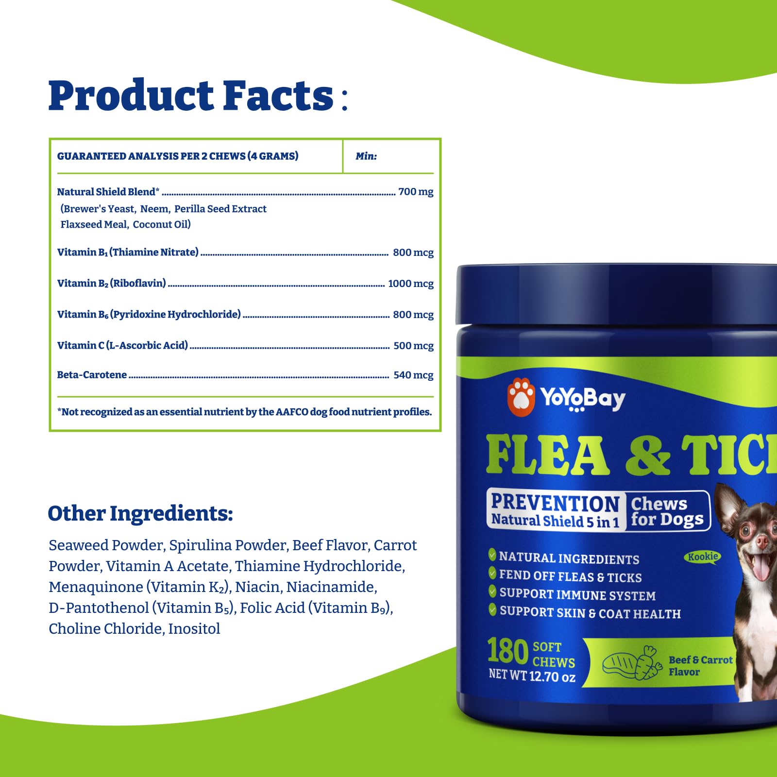 YoYoBay Natural Shield 5-in-1 Flea & Tick Chewables for Dogs – 180 Beef & Carrot Soft Chews
