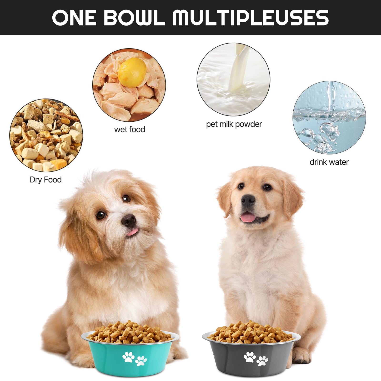 YUDANSI Stainless Steel Dog Bowls 2-Pack - Non-Slip Silicone Base, 3.6 Cup Capacity, Green & Grey for Small to Medium Dogs