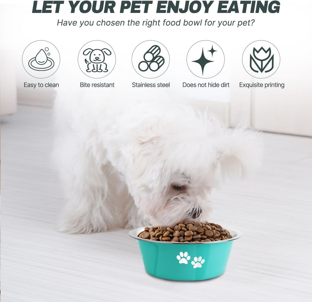 YUDANSI Stainless Steel Dog Bowls 2-Pack - Non-Slip Silicone Base, 3.6 Cup Capacity, Green & Grey for Small to Medium Dogs