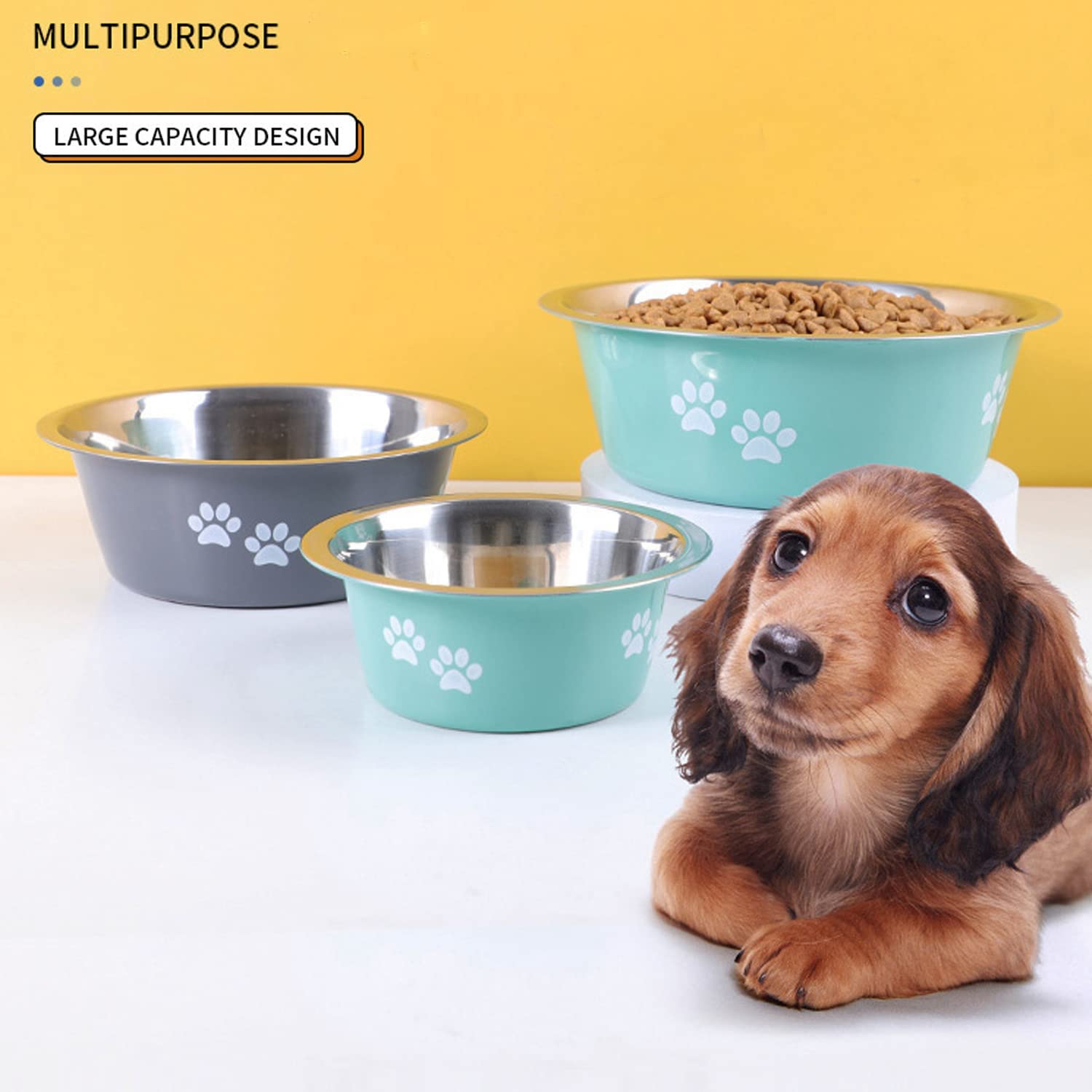 YUDANSI Stainless Steel Dog Bowls 2-Pack - Non-Slip Silicone Base, 3.6 Cup Capacity, Green & Grey for Small to Medium Dogs