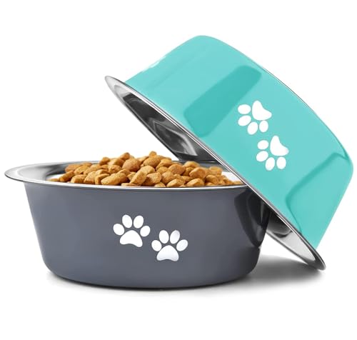 YUDANSI Stainless Steel Dog Bowls 2-Pack - Non-Slip Silicone Base, 3.6 Cup Capacity, Green & Grey for Small to Medium Dogs