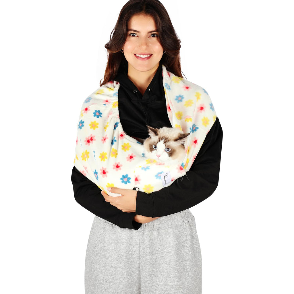 Yunpawpet Hands-Free Pet Sling for Small Pets - Ultra-Soft Polar Fleece Carrier for Cats and Dogs up to 14 lbs, Machine Washable, Daisy Large