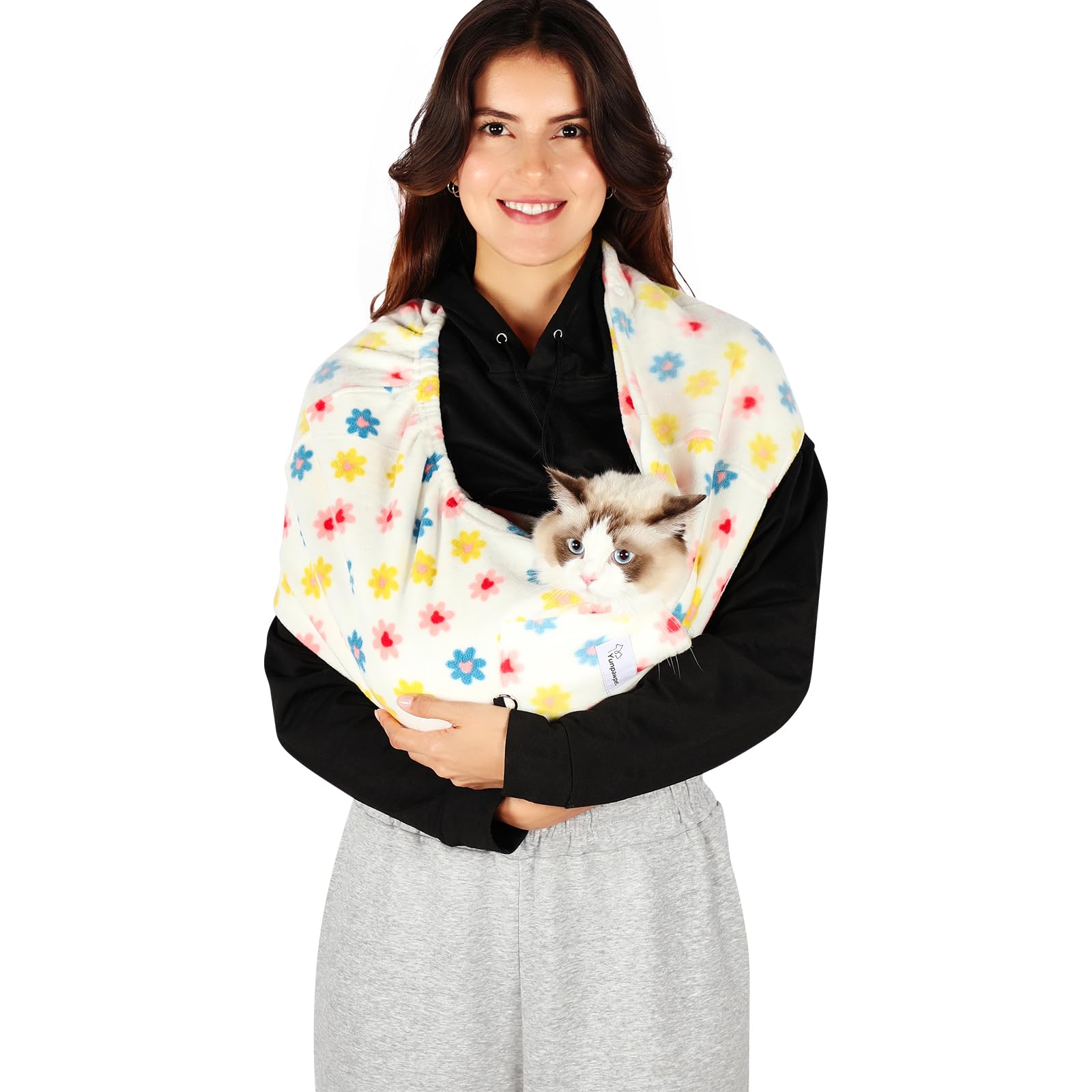 Yunpawpet Hands-Free Pet Sling for Small Pets - Ultra-Soft Polar Fleece Carrier for Cats and Dogs up to 14 lbs, Machine Washable, Daisy Large