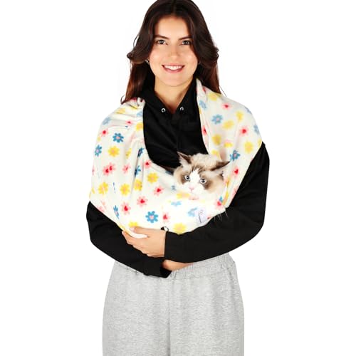 Yunpawpet Hands-Free Pet Sling for Small Pets - Ultra-Soft Polar Fleece Carrier for Cats and Dogs up to 14 lbs, Machine Washable, Daisy Large