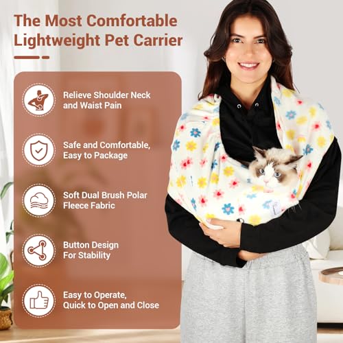 Yunpawpet Hands-Free Pet Sling for Small Pets - Ultra-Soft Polar Fleece Carrier for Cats and Dogs up to 14 lbs, Machine Washable, Daisy Large