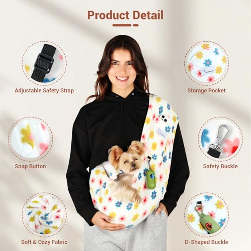 Yunpawpet Hands-Free Pet Sling for Small Pets - Ultra-Soft Polar Fleece Carrier for Cats and Dogs up to 14 lbs, Machine Washable, Daisy Large