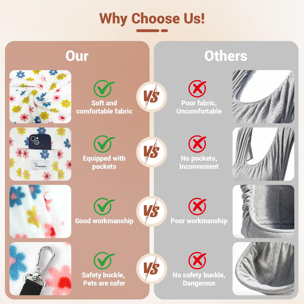 Yunpawpet Hands-Free Pet Sling for Small Pets - Ultra-Soft Polar Fleece Carrier for Cats and Dogs up to 14 lbs, Machine Washable, Daisy Large