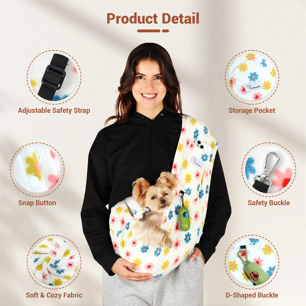 Yunpawpet Hands-Free Pet Sling for Small Pets - Ultra-Soft Polar Fleece Carrier for Cats and Dogs up to 14 lbs, Machine Washable, Daisy Large
