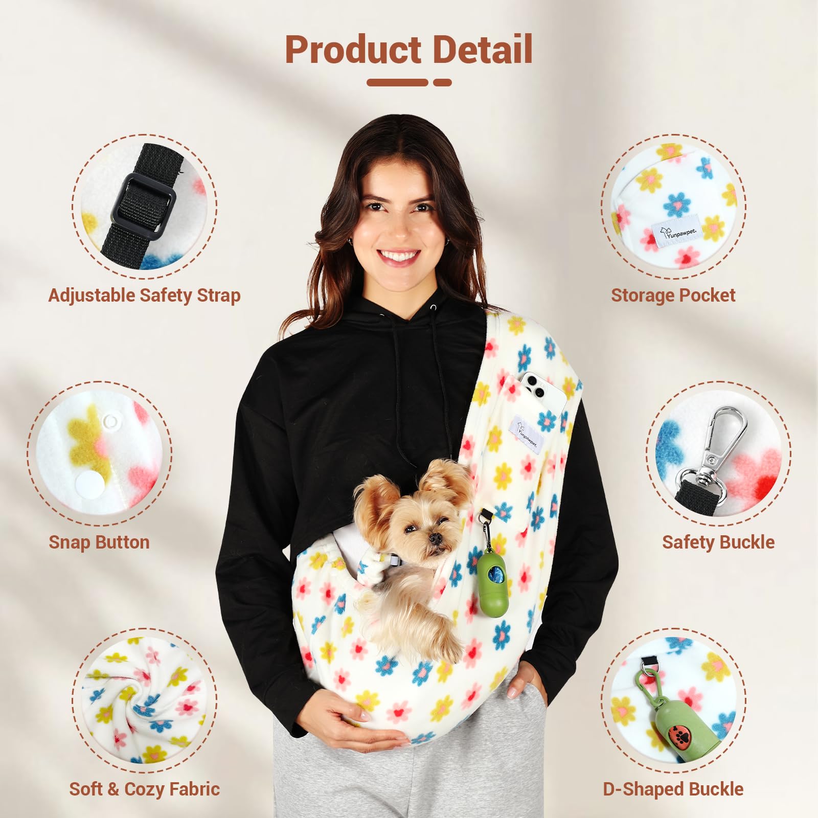 Yunpawpet Hands-Free Pet Sling for Small Pets - Ultra-Soft Polar Fleece Carrier for Cats and Dogs up to 14 lbs, Machine Washable, Daisy Large