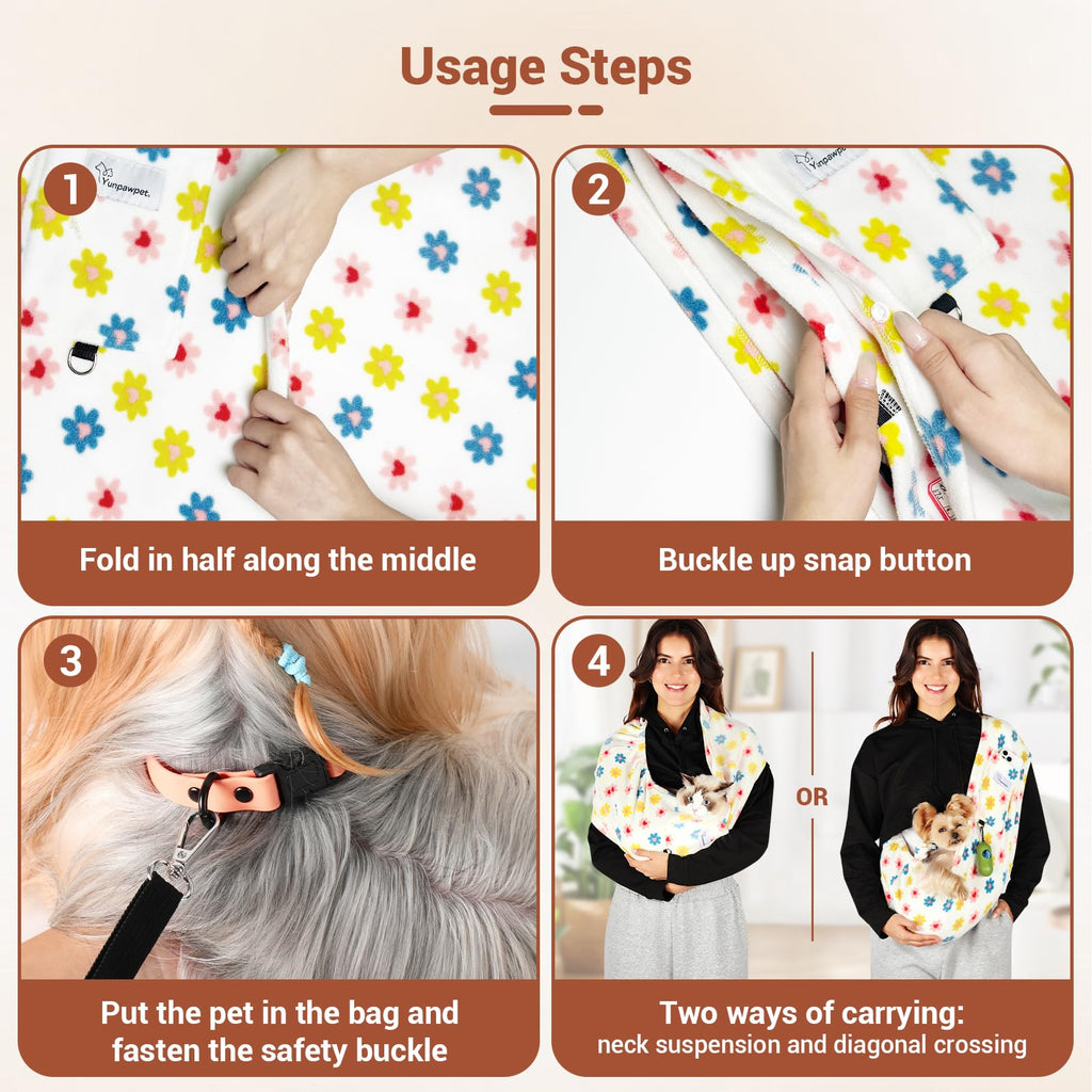 Yunpawpet Hands-Free Pet Sling for Small Pets - Ultra-Soft Polar Fleece Carrier for Cats and Dogs up to 14 lbs, Machine Washable, Daisy Large