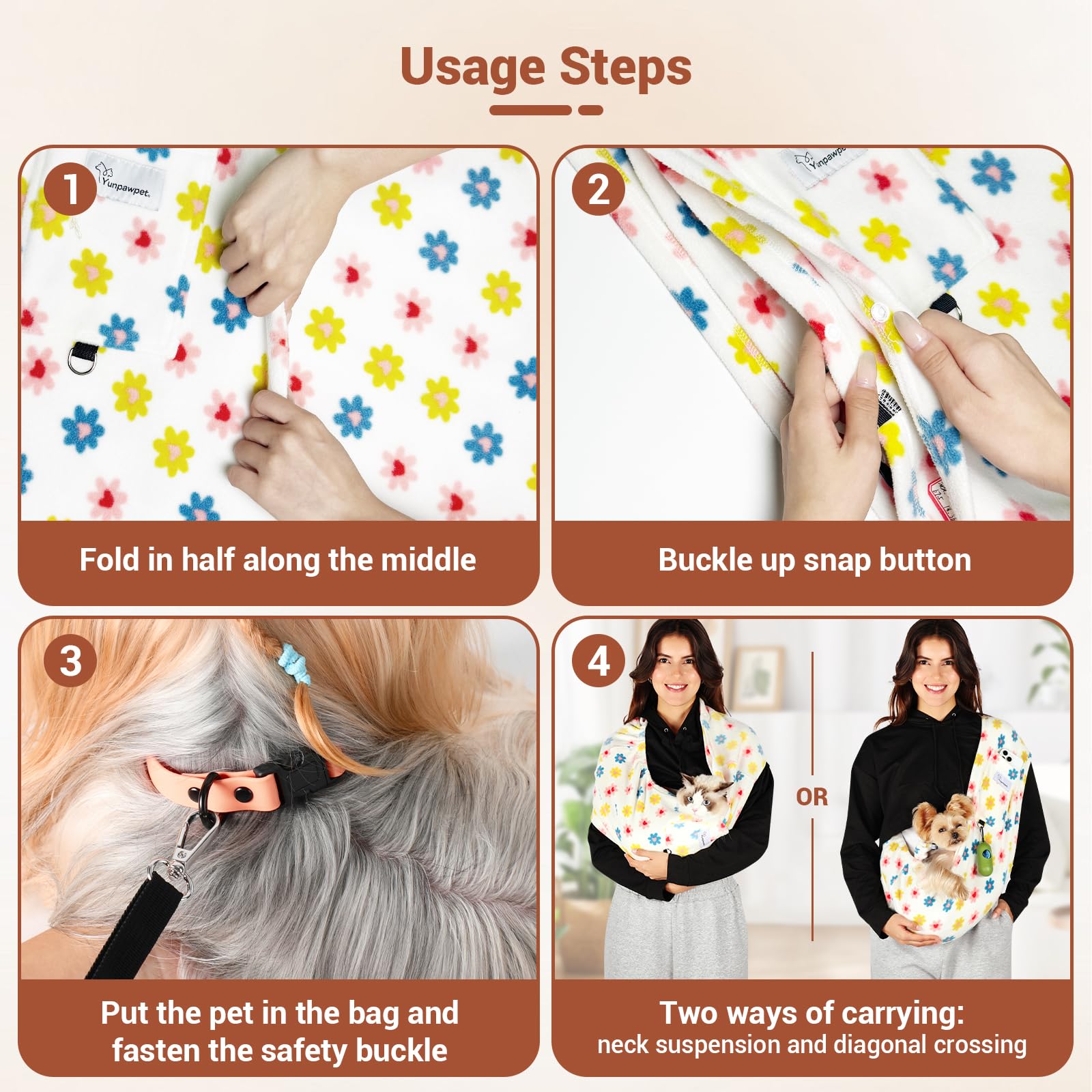 Yunpawpet Hands-Free Pet Sling for Small Pets - Ultra-Soft Polar Fleece Carrier for Cats and Dogs up to 14 lbs, Machine Washable, Daisy Large