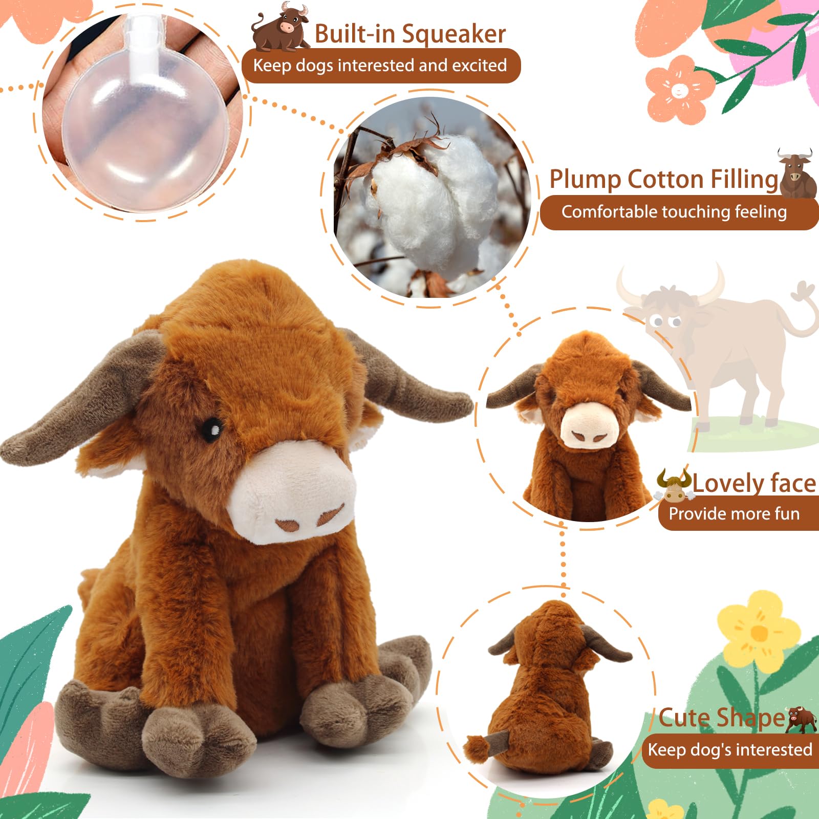 YZHDUXIU Highland Cow Squeaky Dog Toy – Soft Plush for Interactive Play with Small to Medium Dogs