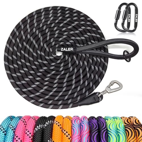 ZALER 20FT Black Dog Training Leash with Reflective Threading and Screw Lock Carabiner