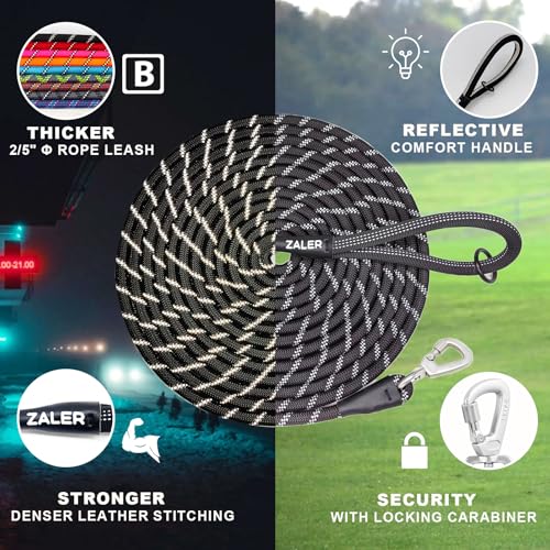 ZALER 20FT Black Dog Training Leash with Reflective Threading and Screw Lock Carabiner
