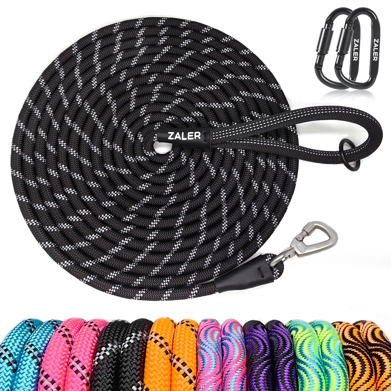 ZALER 20FT Black Dog Training Leash with Reflective Threading and Screw Lock Carabiner