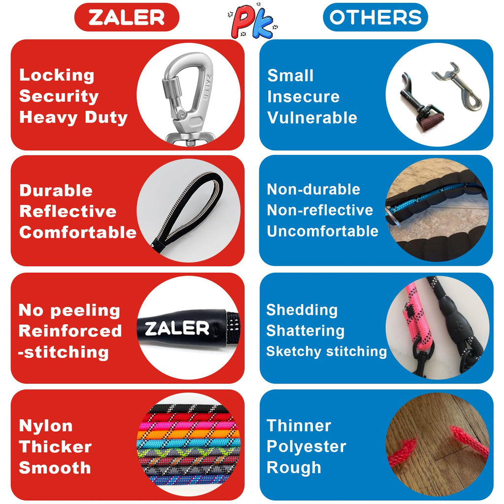 ZALER 20FT Black Dog Training Leash with Reflective Threading and Screw Lock Carabiner