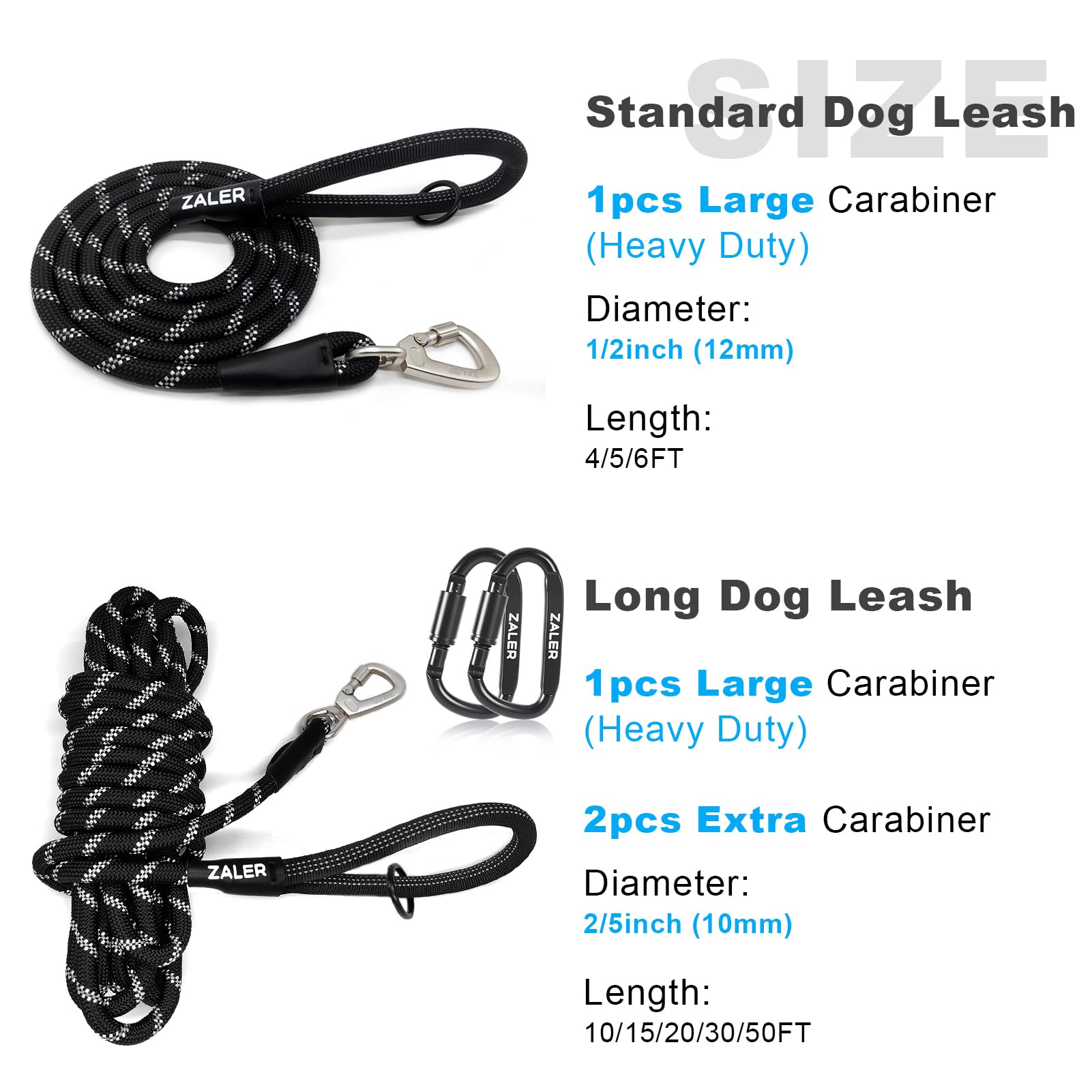 ZALER 20FT Black Dog Training Leash with Reflective Threading and Screw Lock Carabiner