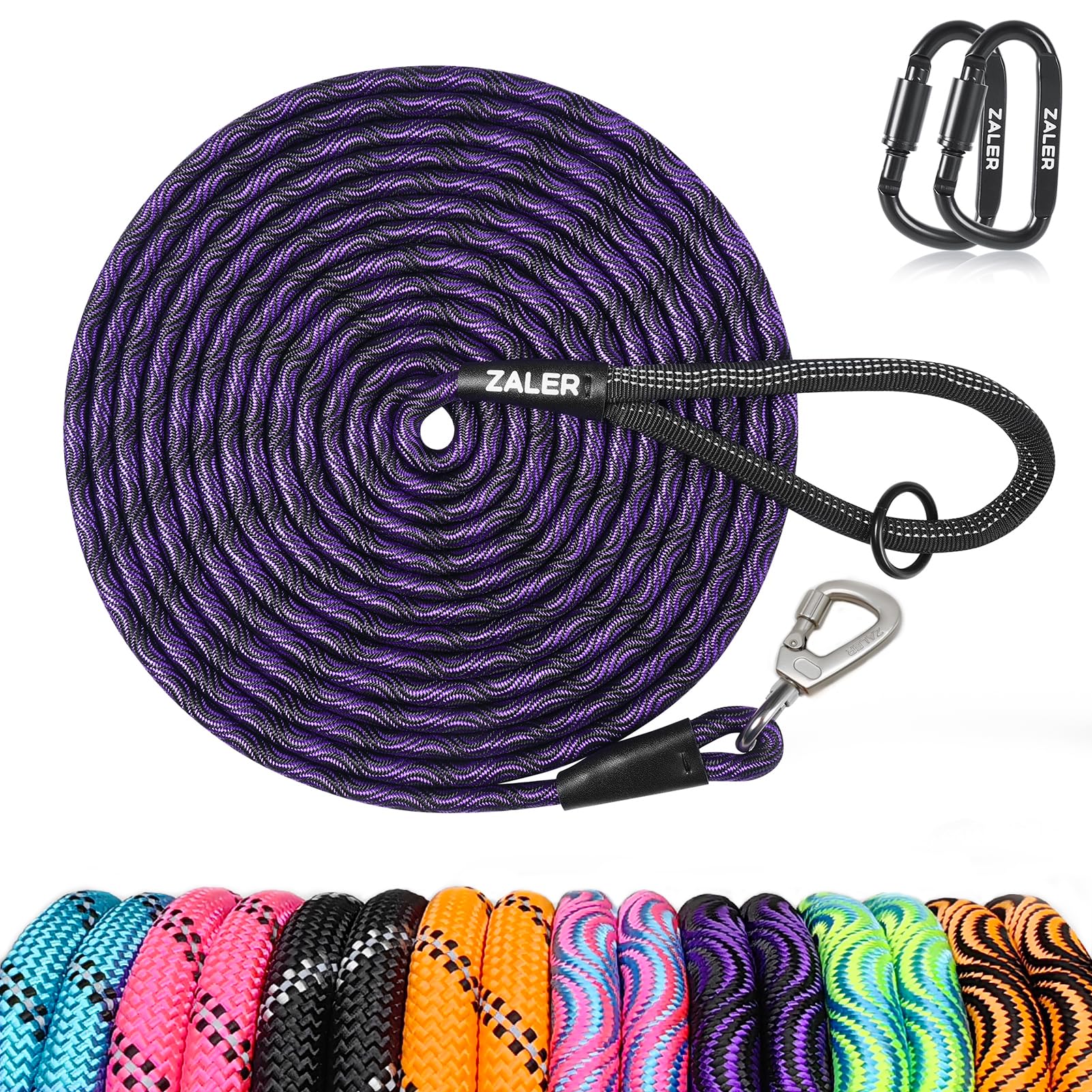 ZALER 20ft Long Dog Leash with Screw Lock Carabiner - Heavy Duty Check Cord for Training, Recall, Camping (Black Purple)