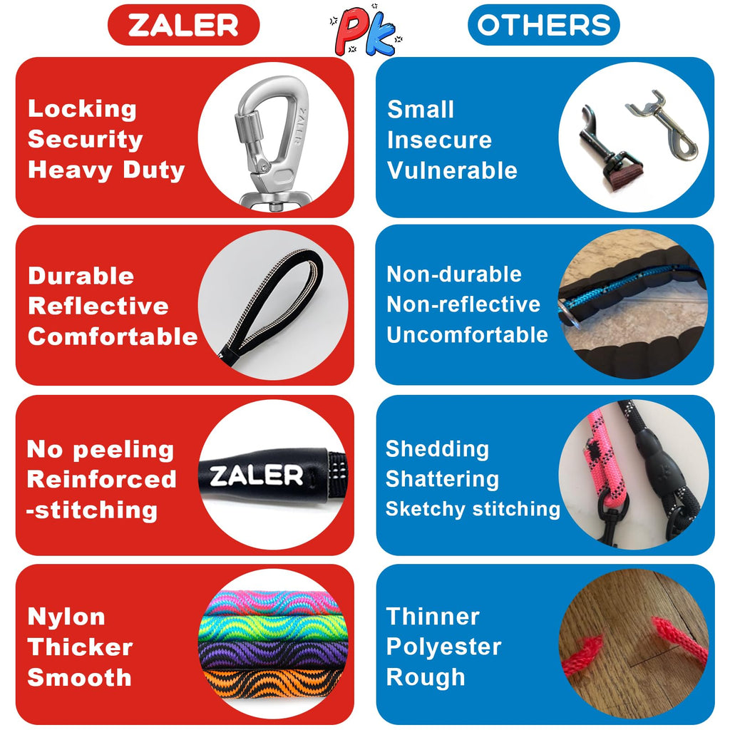 ZALER 20ft Long Dog Leash with Screw Lock Carabiner - Heavy Duty Check Cord for Training, Recall, Camping (Black Purple)