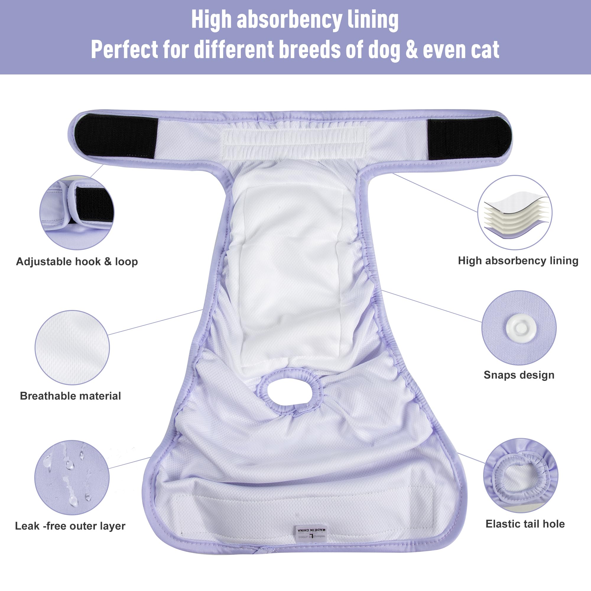 ZINGTERRA 3 Pack Washable Female Dog Diapers - Reusable, Leakproof, Adjustable for Heat & Incontinence - Size S (Newborn-11.5" Waist)