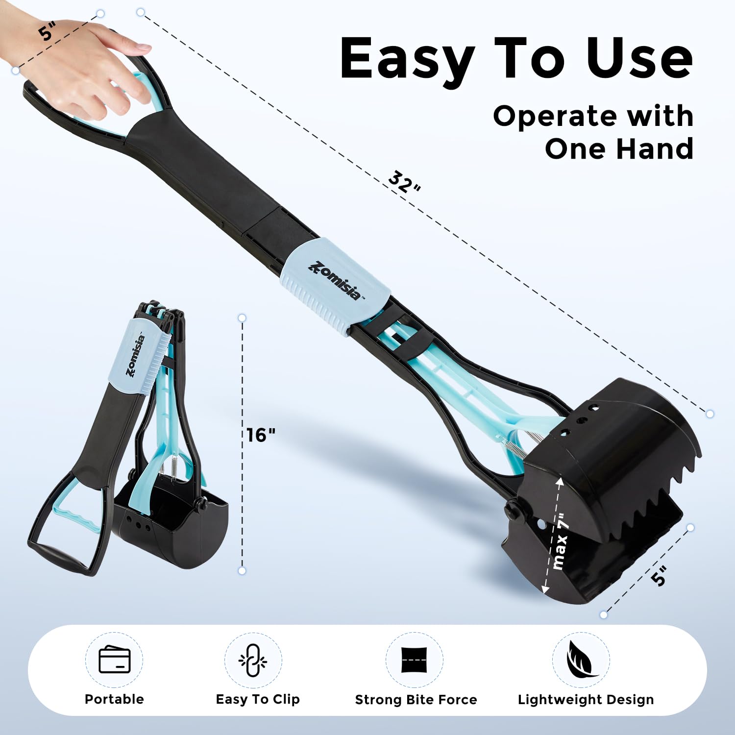 ZOMISIA 32-Inch Pooper Scooper with 30 Waste Bags – Long Handle for Large Dogs, Foldable, Eco-Friendly