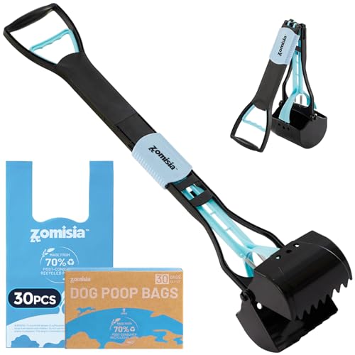 ZOMISIA 32-Inch Pooper Scooper with 30 Waste Bags – Long Handle for Large Dogs, Foldable, Eco-Friendly