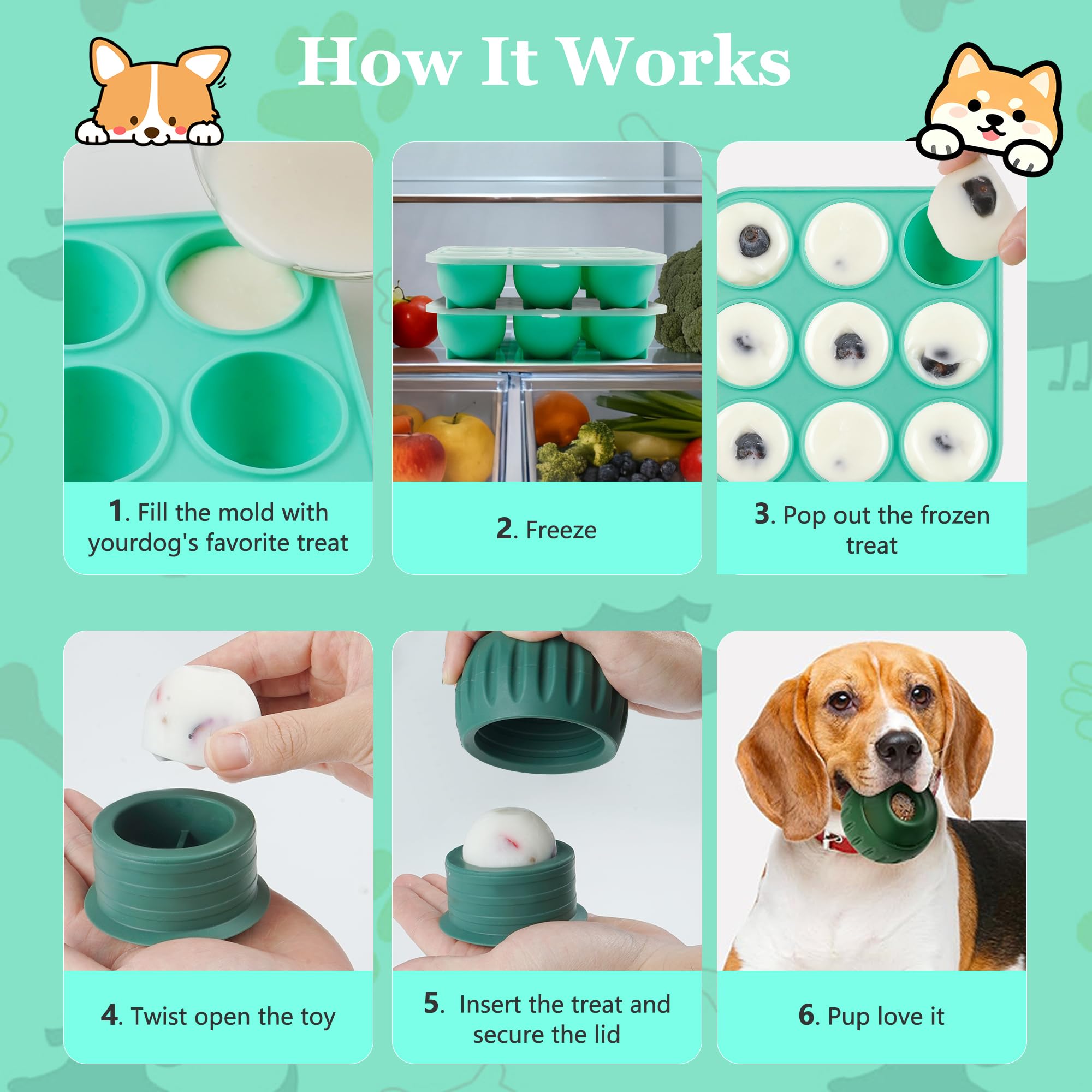Zorazio 9-Cavity Silicone Dog Treat Mold with Lid – Frozen Popsicle Refill Maker for Large Dogs (Green)